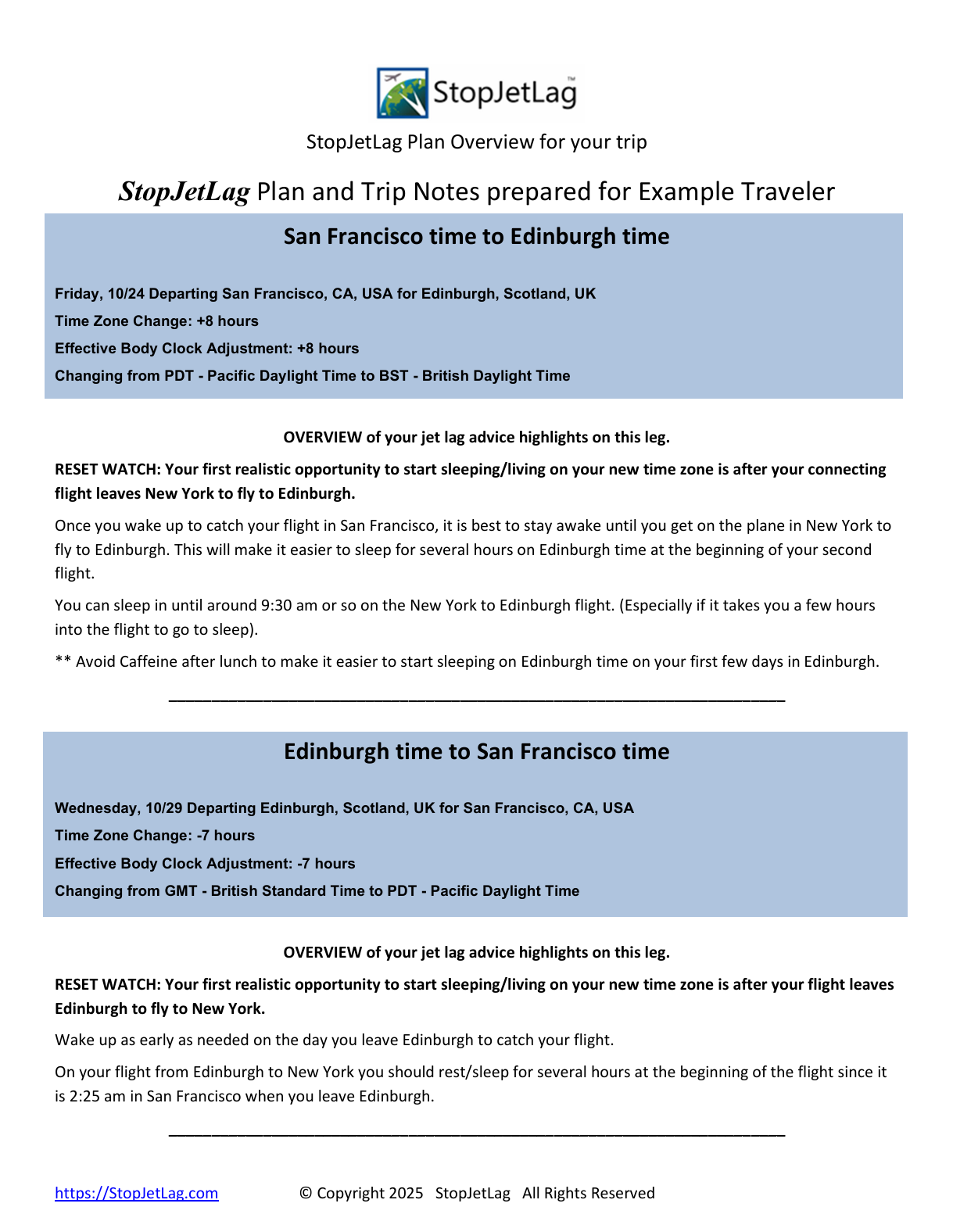 Sample StopJetLag plan notes
